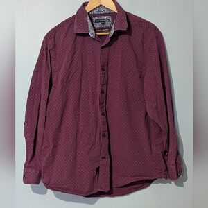 Report Collection Men's XL Slim Fit Burgundy‎ Polka Dot Button Down Long Sleeve